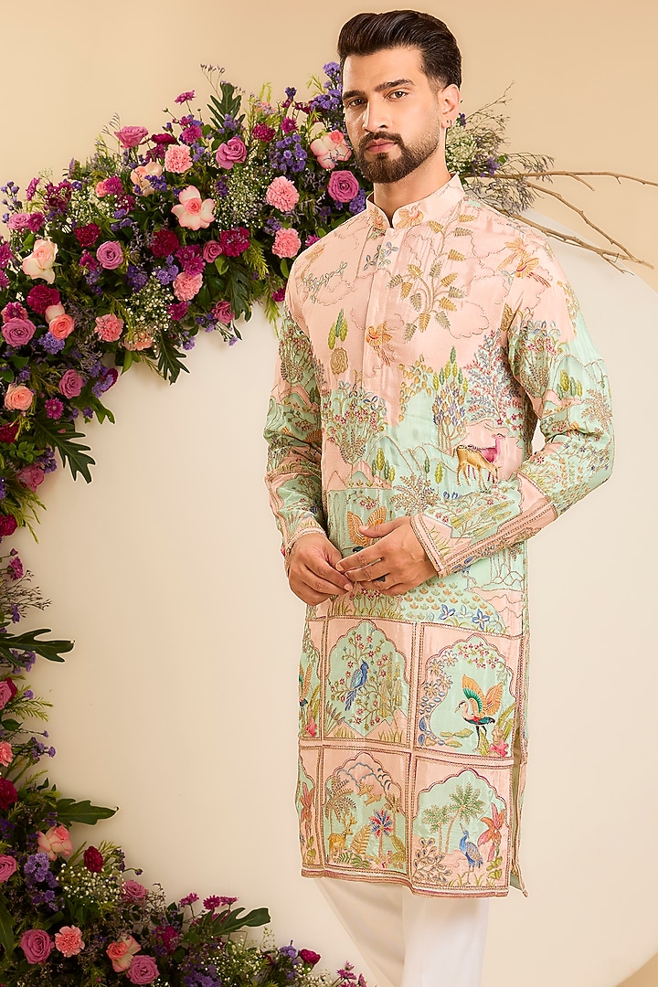 Pink & Green Crepe Zari Embroidered Kurta by Kasbah Clothing at Pernia's Pop Up Shop