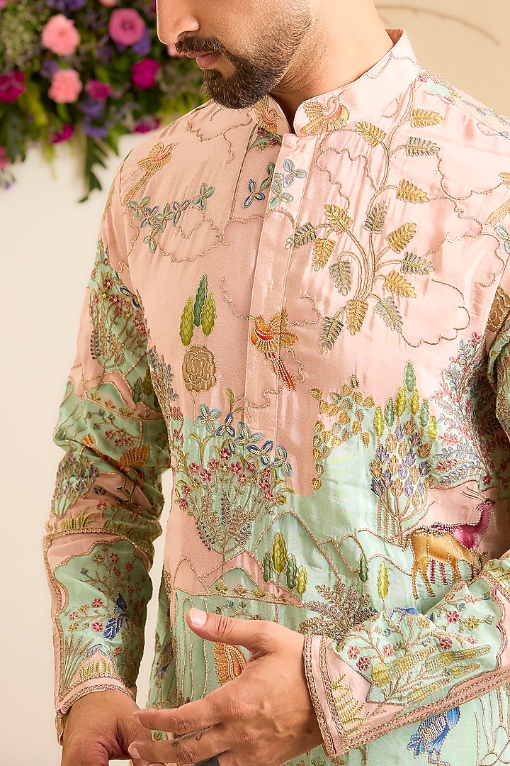 Pink & Green Crepe Zari Embroidered Kurta by Kasbah Clothing at Pernia's Pop Up Shop