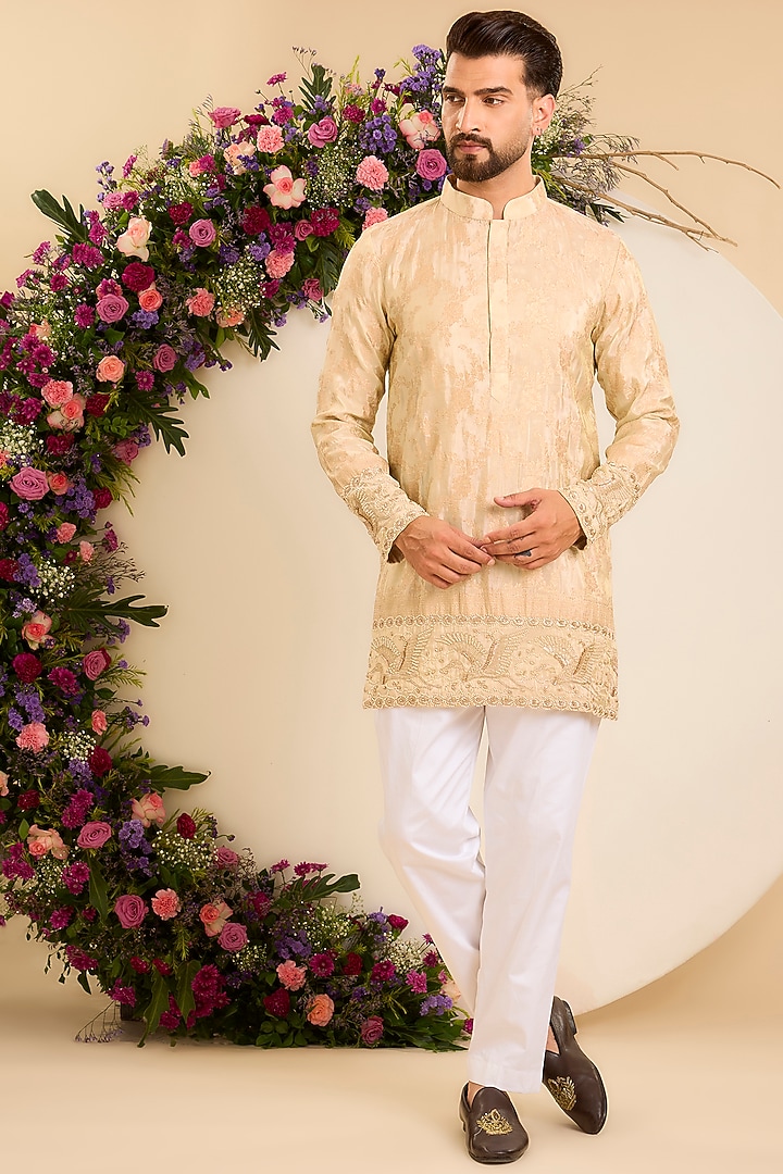 Golden Brocade Tissue Floral Embroidered Short Kurta by Kasbah Clothing at Pernia's Pop Up Shop