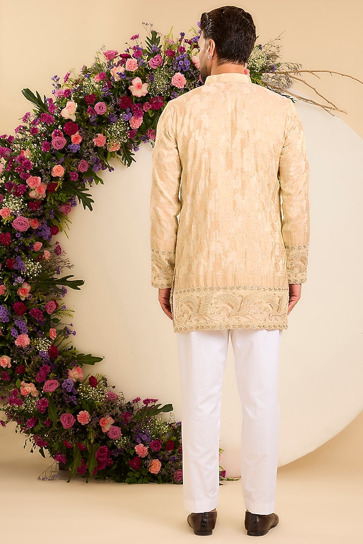 Golden Brocade Tissue Floral Embroidered Short Kurta by Kasbah Clothing at Pernia's Pop Up Shop