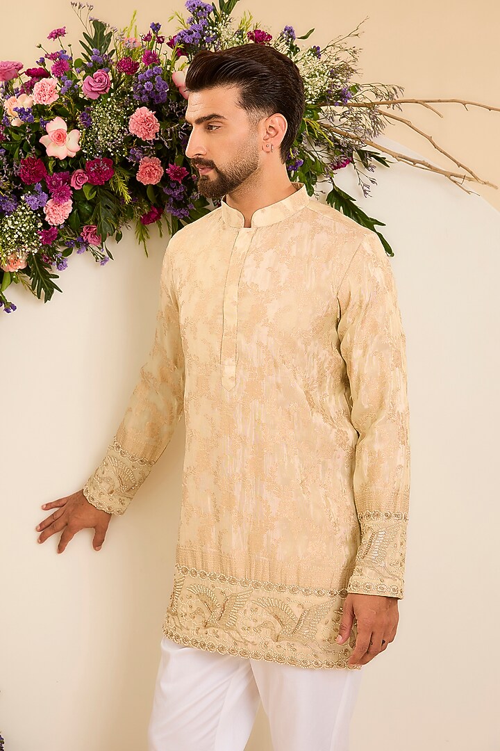 Golden Brocade Tissue Floral Embroidered Short Kurta by Kasbah Clothing at Pernia's Pop Up Shop