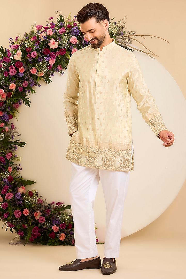 Golden Brocade Tissue Paisley Embroidered Short Kurta by Kasbah Clothing at Pernia's Pop Up Shop
