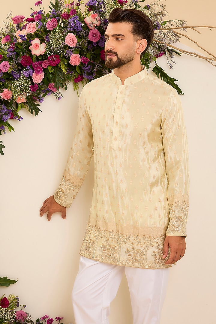 Golden Brocade Tissue Paisley Embroidered Short Kurta by Kasbah Clothing at Pernia's Pop Up Shop