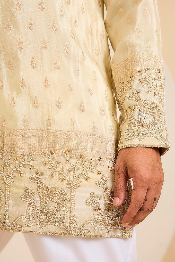 Golden Brocade Tissue Paisley Embroidered Short Kurta by Kasbah Clothing at Pernia's Pop Up Shop