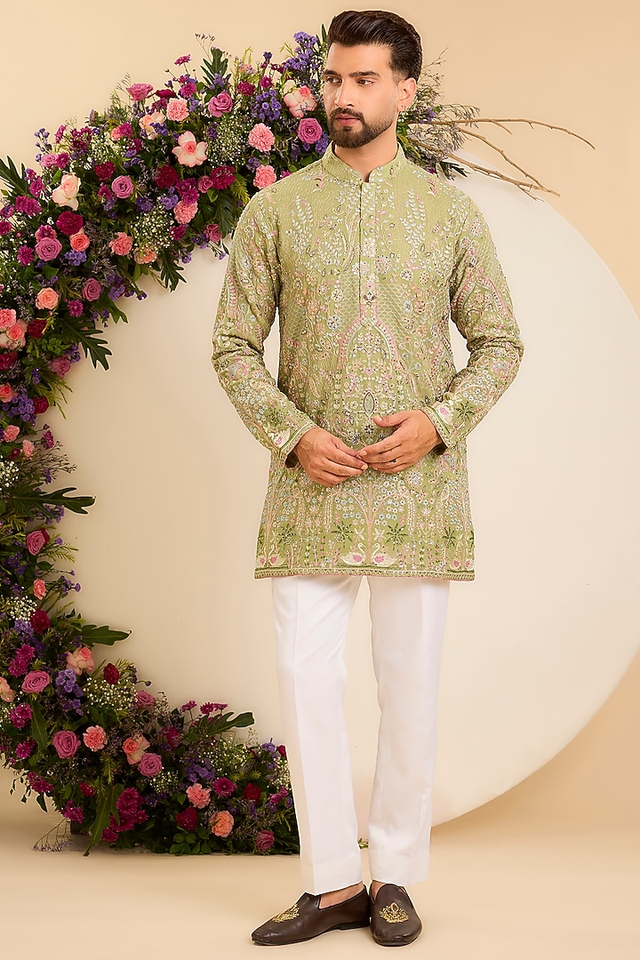 Pastel Green Georgette Thread Embroidered Kurta by Kasbah Clothing at Pernia's Pop Up Shop