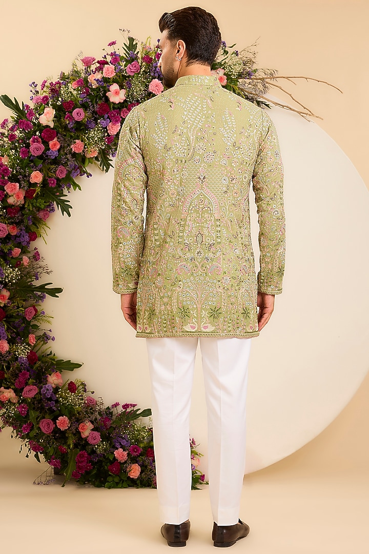 Pastel Green Georgette Thread Embroidered Kurta by Kasbah Clothing at Pernia's Pop Up Shop