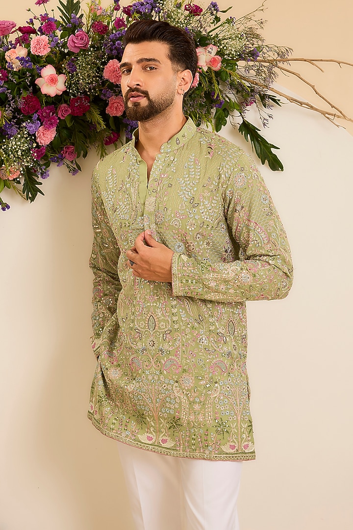 Pastel Green Georgette Thread Embroidered Kurta by Kasbah Clothing at Pernia's Pop Up Shop