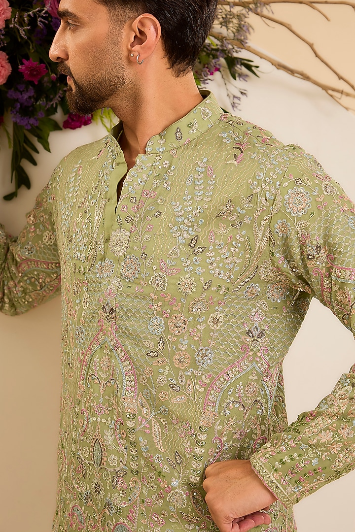 Pastel Green Georgette Thread Embroidered Kurta by Kasbah Clothing at Pernia's Pop Up Shop