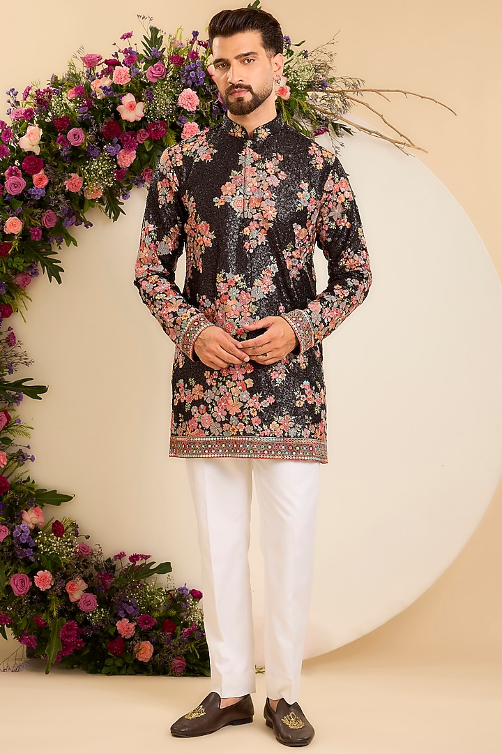 Black Georgette Floral Embroidered Kurta by Kasbah Clothing at Pernia's Pop Up Shop