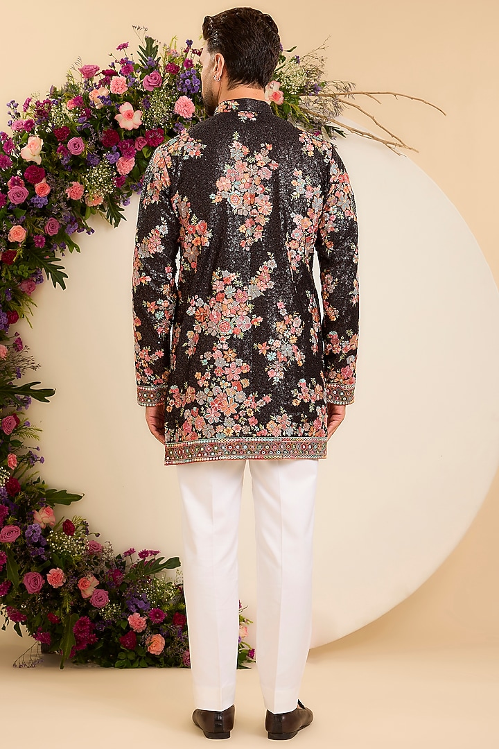 Black Georgette Floral Embroidered Kurta by Kasbah Clothing at Pernia's Pop Up Shop