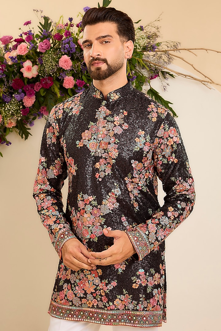 Black Georgette Floral Embroidered Kurta by Kasbah Clothing at Pernia's Pop Up Shop