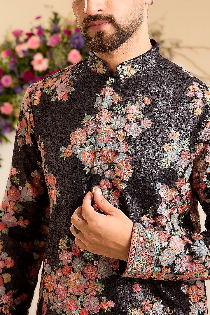Black Georgette Floral Embroidered Kurta by Kasbah Clothing at Pernia's Pop Up Shop