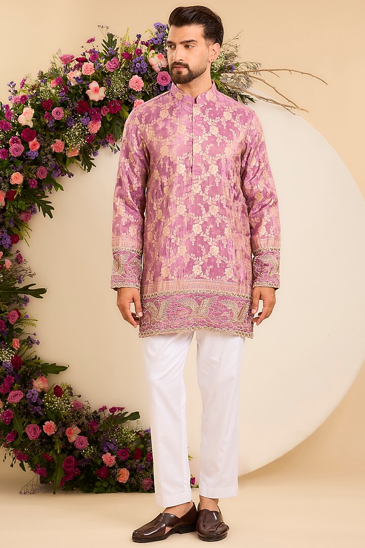 Deep Purple Brocade Tissue Hand Embroidered Kurta by Kasbah Clothing at Pernia's Pop Up Shop