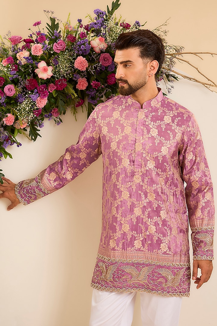 Deep Purple Brocade Tissue Hand Embroidered Kurta by Kasbah Clothing at Pernia's Pop Up Shop