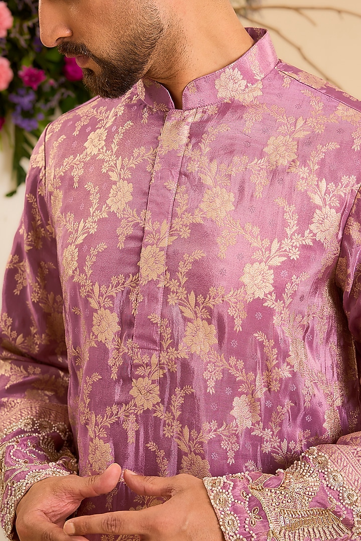 Deep Purple Brocade Tissue Hand Embroidered Kurta by Kasbah Clothing at Pernia's Pop Up Shop