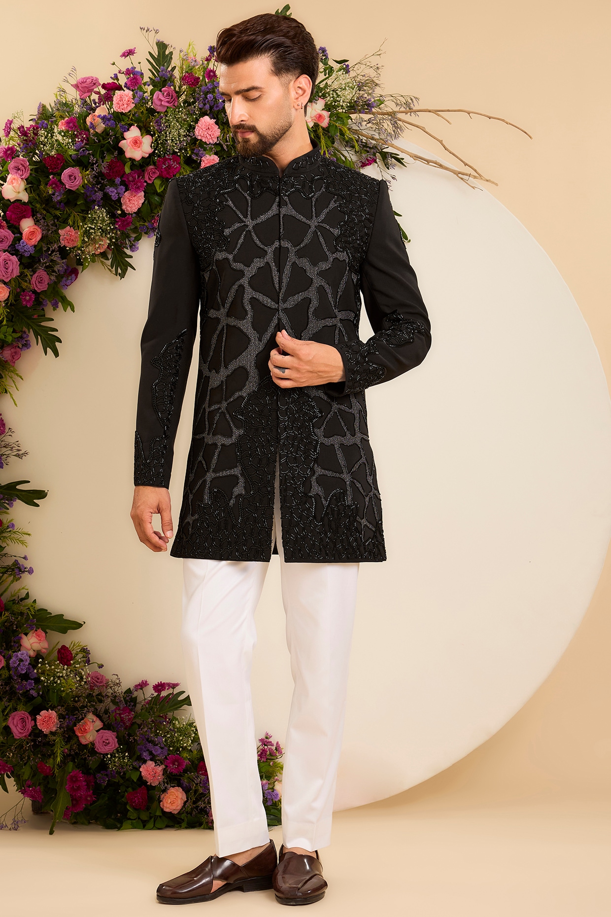 Kasbah Clothing Black Japanese Fabric Cutdana Embellished Short Sherwani
