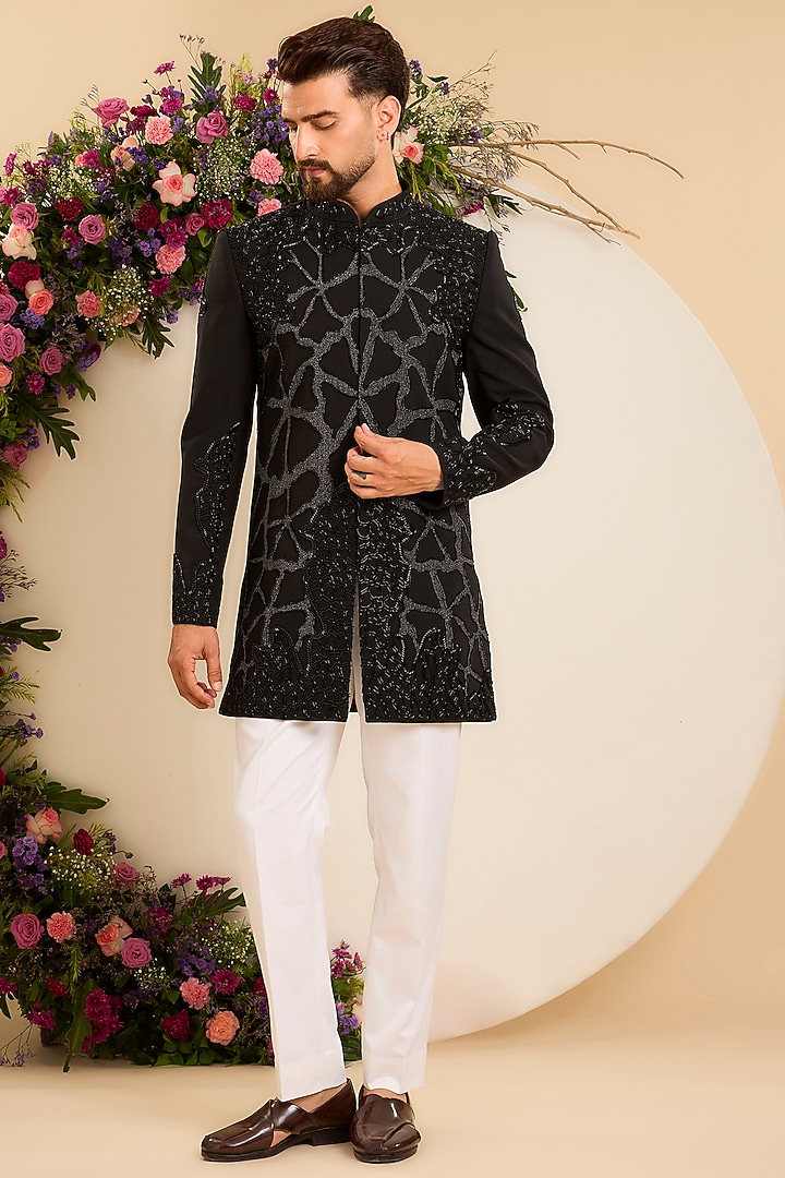 Black Japanese Fabric Cutdana Embellished Short Wedding Sherwani by Kasbah Clothing at Pernia's Pop Up Shop