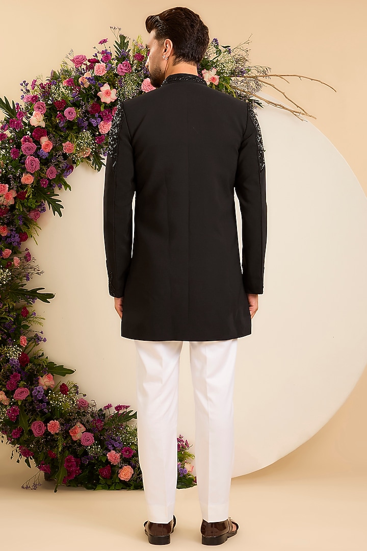 Black Japanese Fabric Cutdana Embellished Short Wedding Sherwani by Kasbah Clothing at Pernia's Pop Up Shop