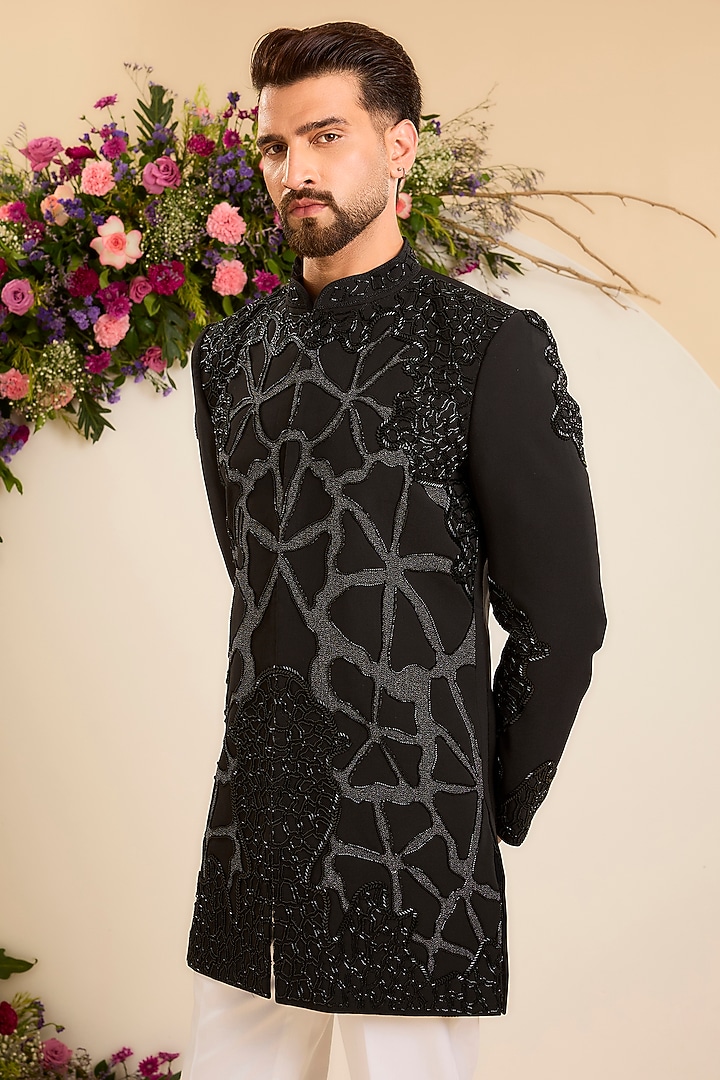Black Japanese Fabric Cutdana Embellished Short Wedding Sherwani by Kasbah Clothing at Pernia's Pop Up Shop