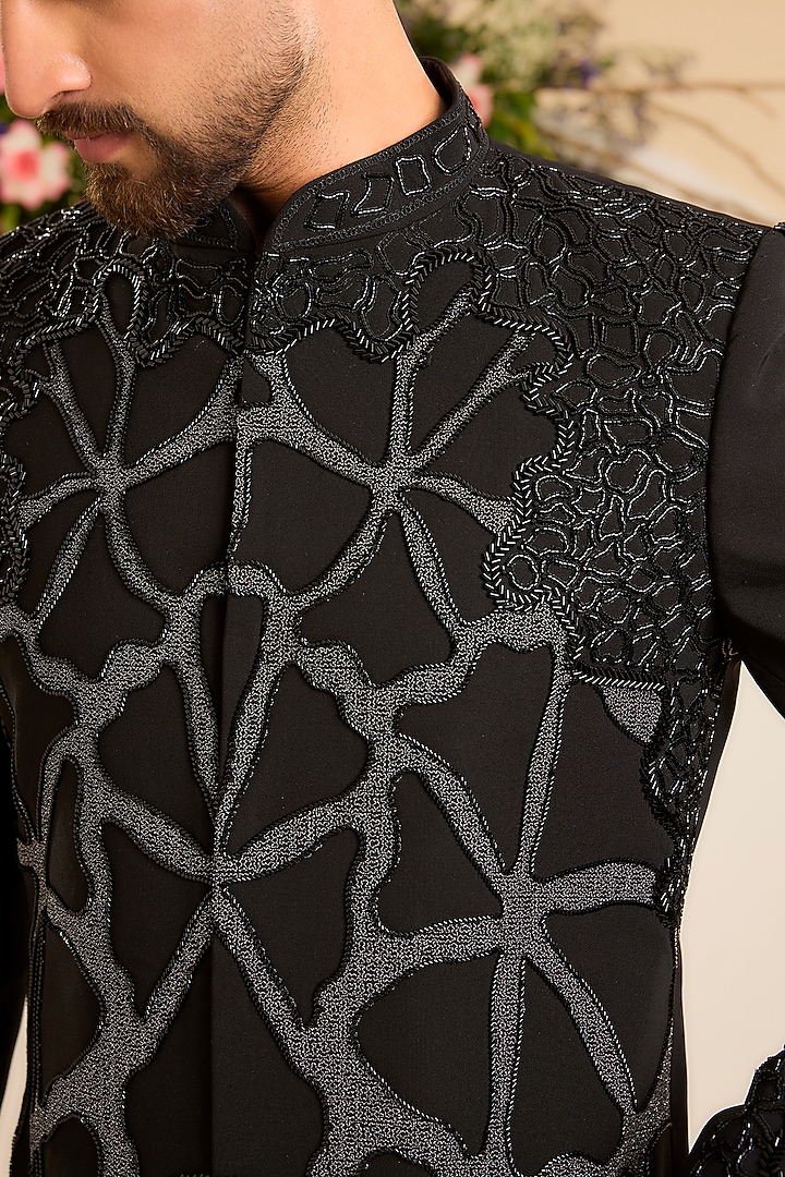 Black Japanese Fabric Cutdana Embellished Short Wedding Sherwani by Kasbah Clothing at Pernia's Pop Up Shop