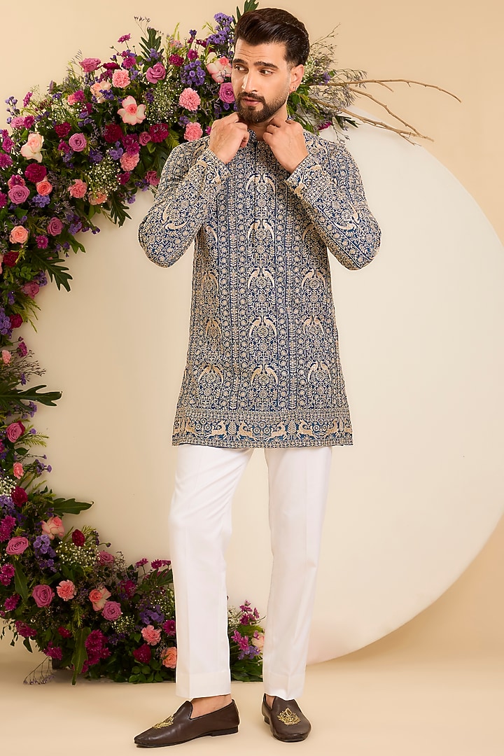 Royal Blue Georgette Zari Work Short Kurta by Kasbah Clothing at Pernia's Pop Up Shop