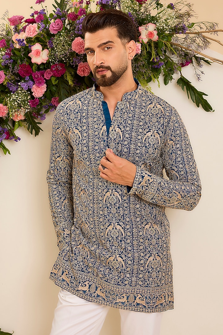 Royal Blue Georgette Zari Work Short Kurta by Kasbah Clothing at Pernia's Pop Up Shop