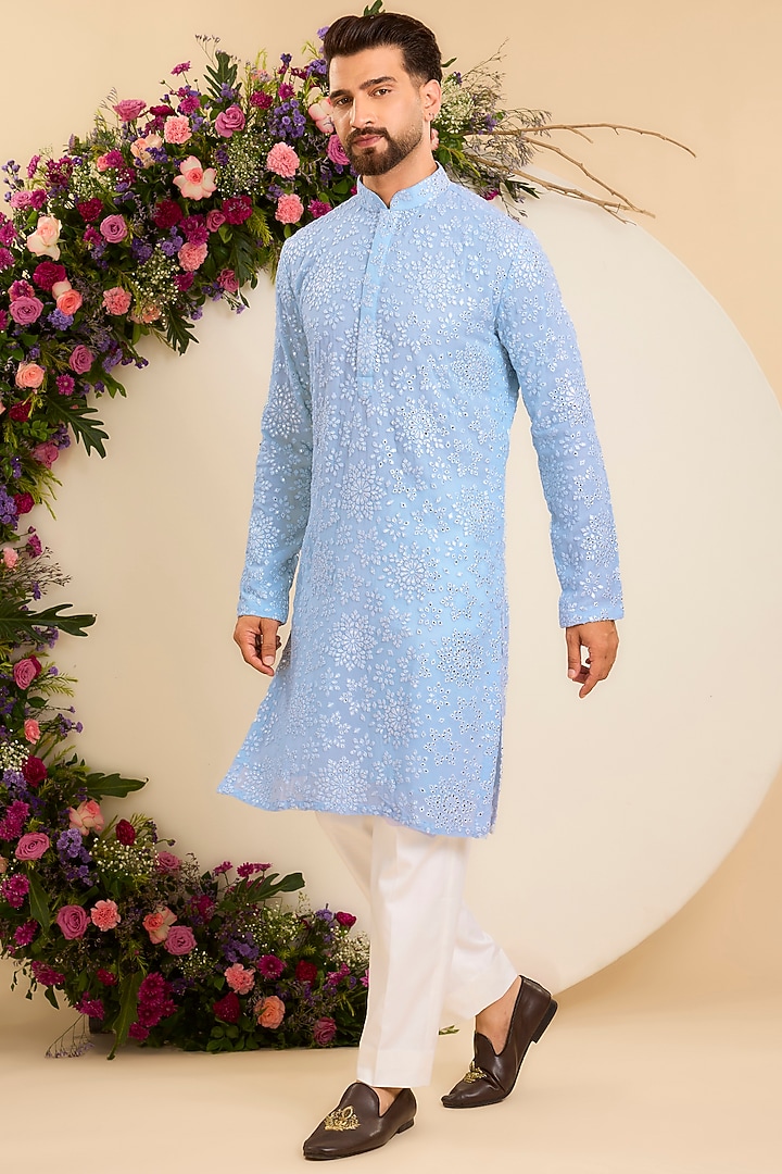 Powder Blue Georgette Mirror Work Chikankari Kurta by Kasbah Clothing at Pernia's Pop Up Shop