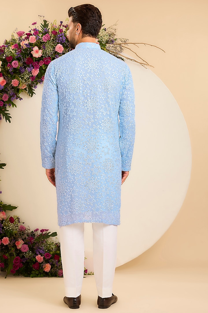 Powder Blue Georgette Mirror Work Chikankari Kurta by Kasbah Clothing at Pernia's Pop Up Shop