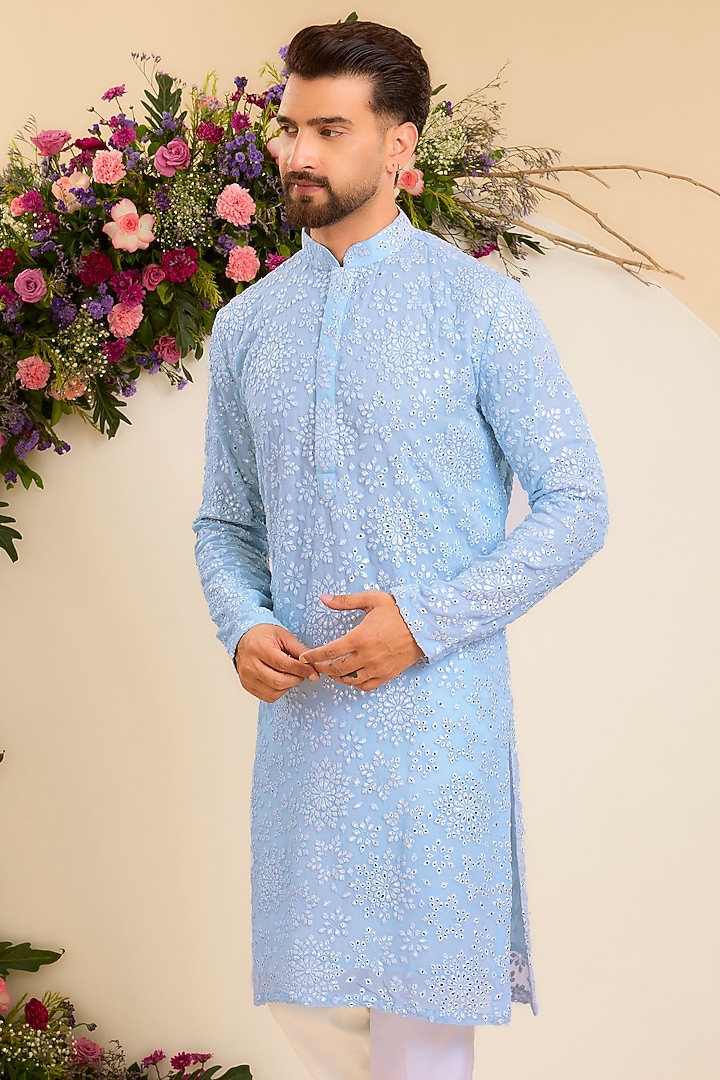 Powder Blue Georgette Mirror Work Chikankari Kurta by Kasbah Clothing at Pernia's Pop Up Shop