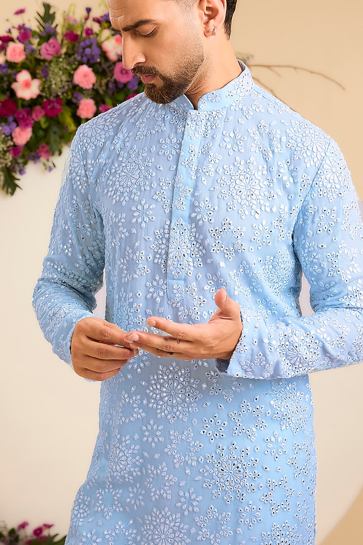 Powder Blue Georgette Mirror Work Chikankari Kurta by Kasbah Clothing at Pernia's Pop Up Shop