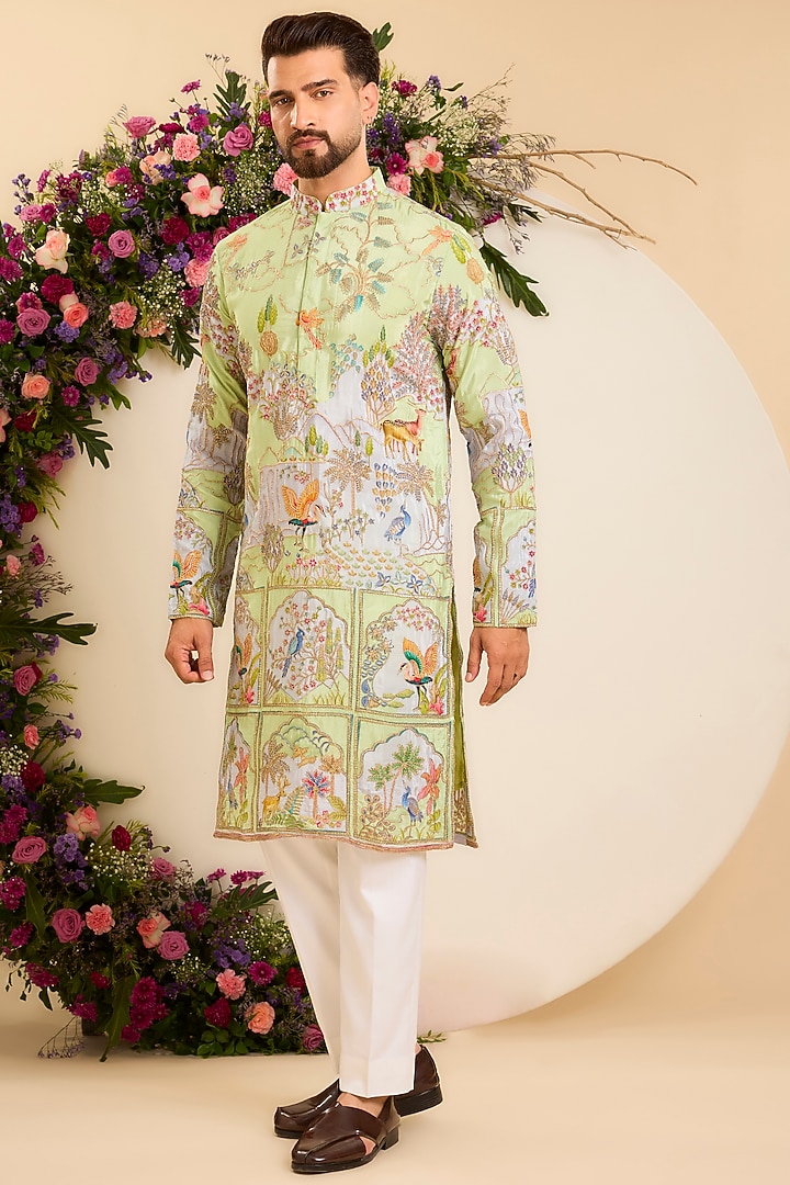 Vibrant Green Crepe Printed & Zari Embroidered Kurta by Kasbah Clothing at Pernia's Pop Up Shop