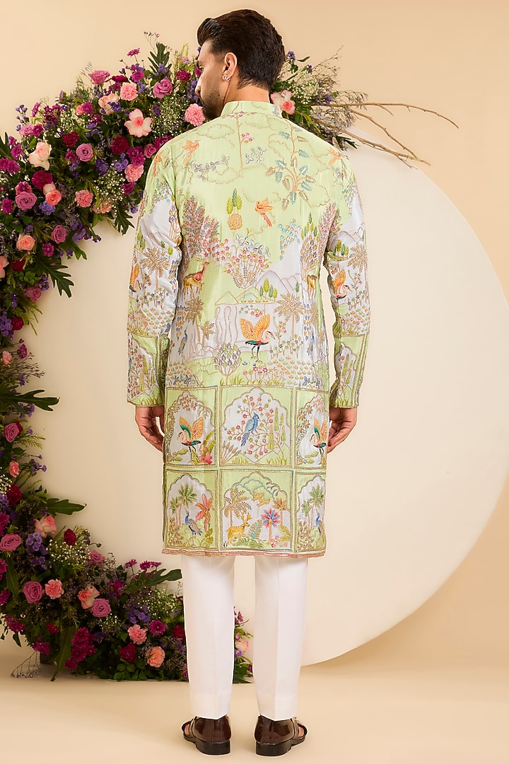 Vibrant Green Crepe Printed & Zari Embroidered Kurta by Kasbah Clothing at Pernia's Pop Up Shop