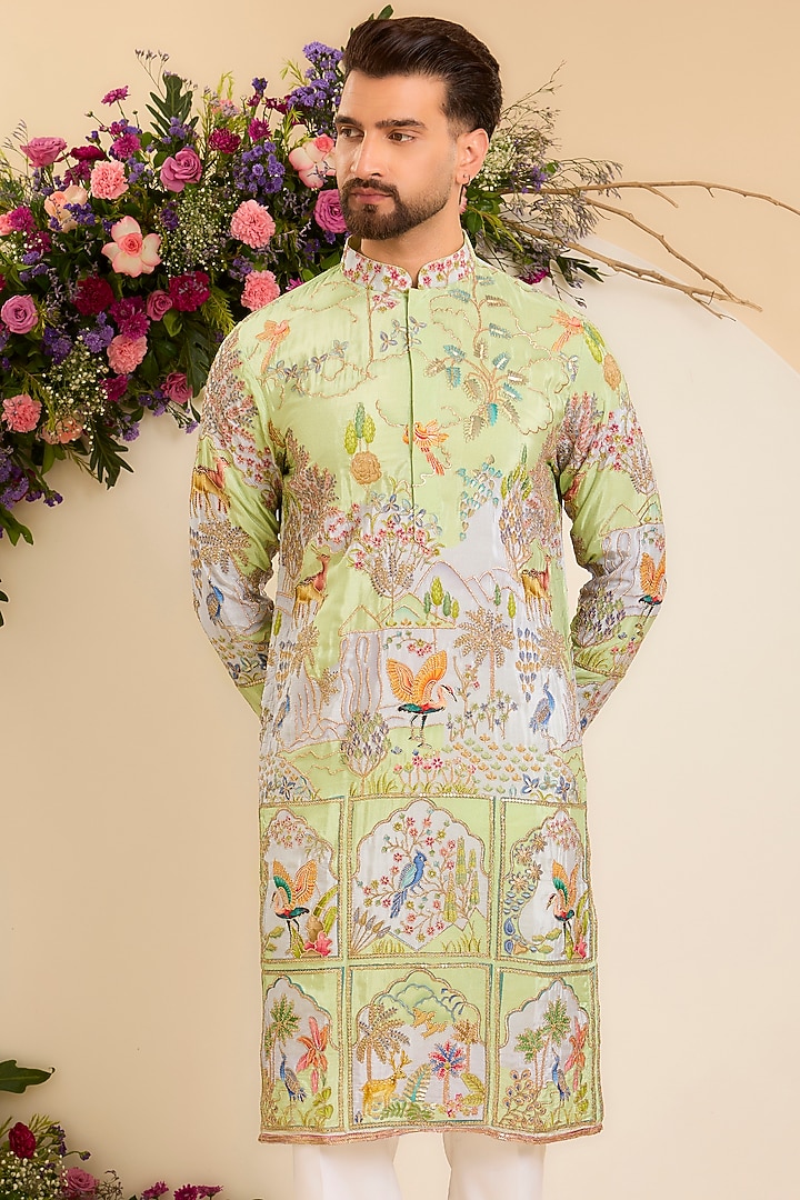 Vibrant Green Crepe Printed & Zari Embroidered Kurta by Kasbah Clothing at Pernia's Pop Up Shop