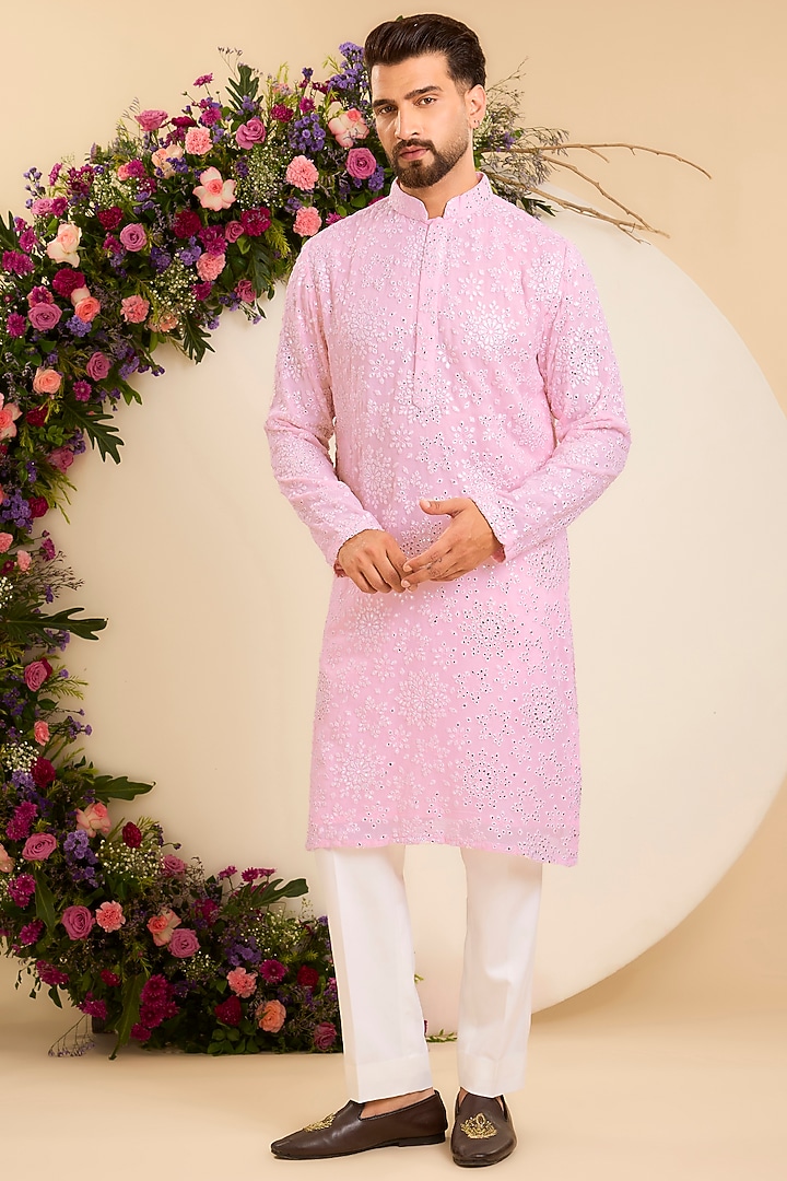 Pink Georgette Mirror Work Chikankari Kurta by Kasbah Clothing at Pernia's Pop Up Shop
