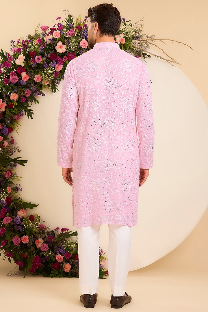 Pink Georgette Mirror Work Chikankari Kurta by Kasbah Clothing at Pernia's Pop Up Shop