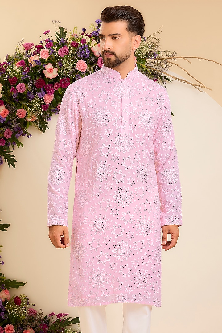 Pink Georgette Mirror Work Chikankari Kurta by Kasbah Clothing at Pernia's Pop Up Shop