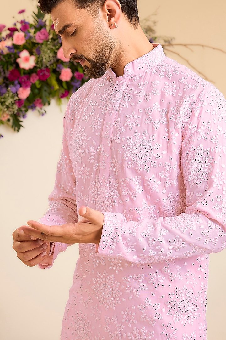 Pink Georgette Mirror Work Chikankari Kurta by Kasbah Clothing at Pernia's Pop Up Shop
