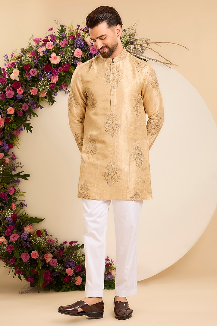 Gold Jacquard Tissue Embroidered Short Kurta by Kasbah Clothing at Pernia's Pop Up Shop