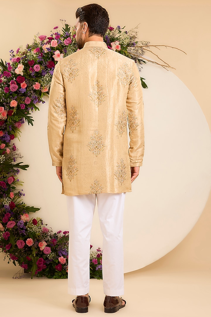Gold Jacquard Tissue Embroidered Short Kurta by Kasbah Clothing at Pernia's Pop Up Shop