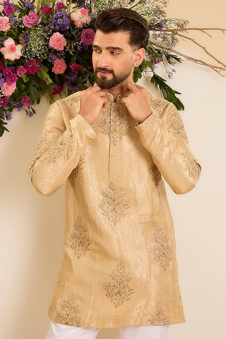 Gold Jacquard Tissue Embroidered Short Kurta by Kasbah Clothing at Pernia's Pop Up Shop