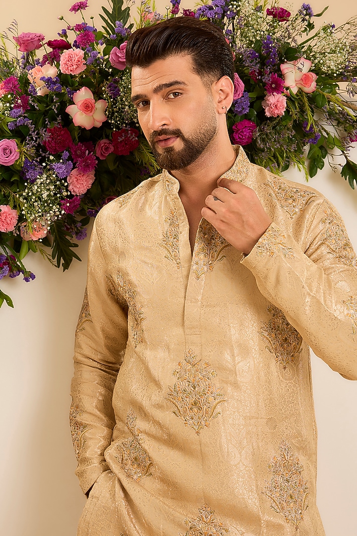 Gold Jacquard Tissue Embroidered Short Kurta by Kasbah Clothing at Pernia's Pop Up Shop
