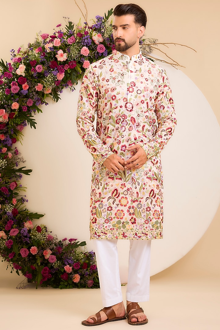 Ivory Georgette Thread Embroidered Kurta by Kasbah Clothing at Pernia's Pop Up Shop