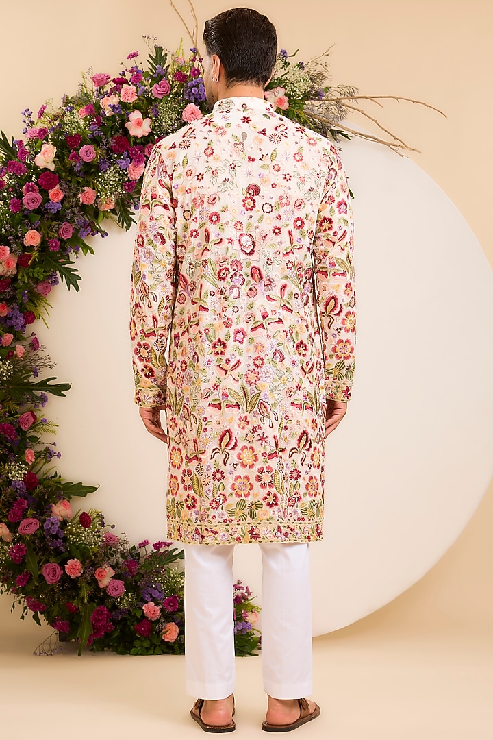 Ivory Georgette Thread Embroidered Kurta by Kasbah Clothing at Pernia's Pop Up Shop