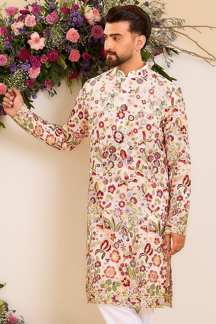 Ivory Georgette Thread Embroidered Kurta by Kasbah Clothing at Pernia's Pop Up Shop