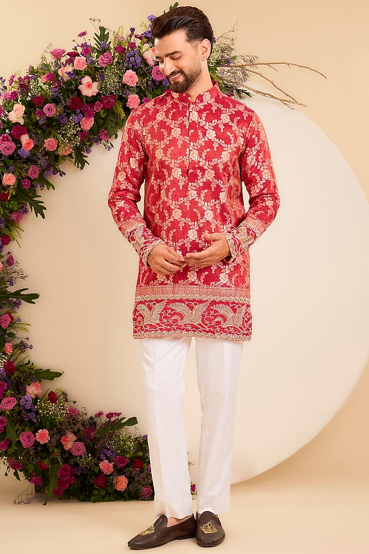 Red-Orange Tissue Short Kurta by Kasbah Clothing at Pernia's Pop Up Shop
