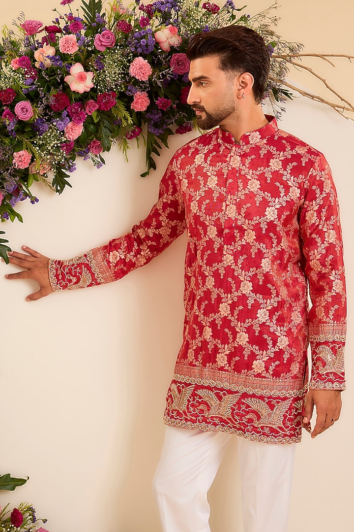 Red-Orange Tissue Short Kurta by Kasbah Clothing at Pernia's Pop Up Shop