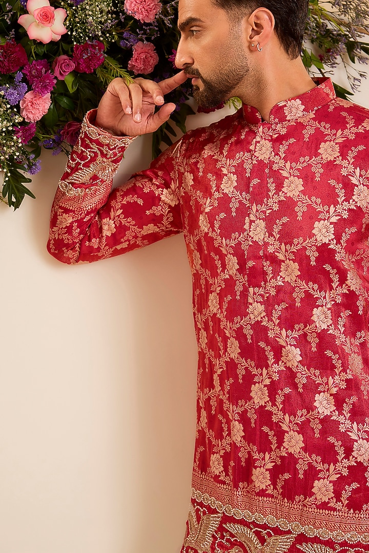 Red-Orange Tissue Short Kurta by Kasbah Clothing at Pernia's Pop Up Shop