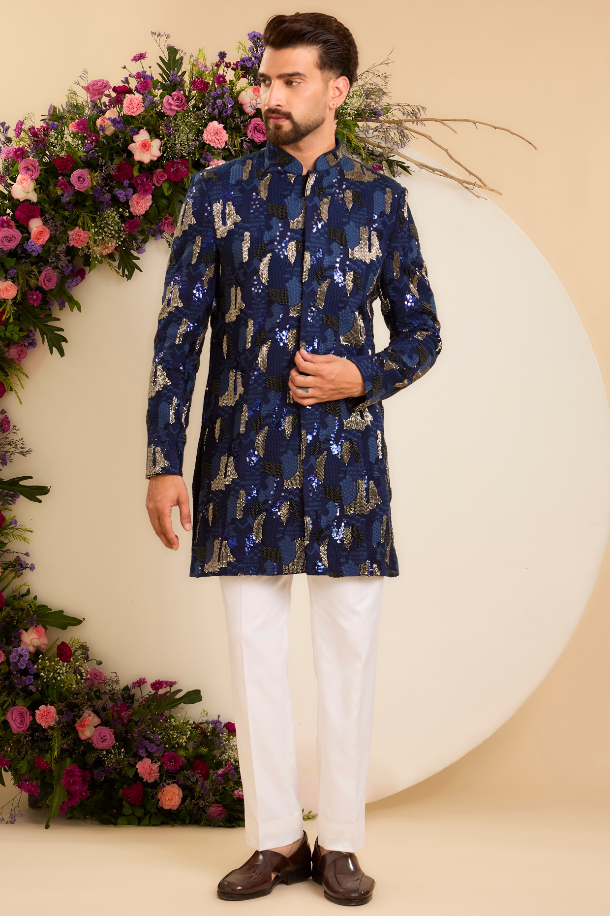 Kasbah Clothing Deep Blue Silk Hand Embroidered Short Sherwani