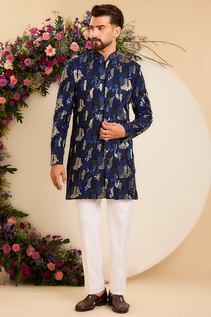 Deep Blue Silk Hand Embroidered Short Wedding Sherwani by Kasbah Clothing at Pernia's Pop Up Shop