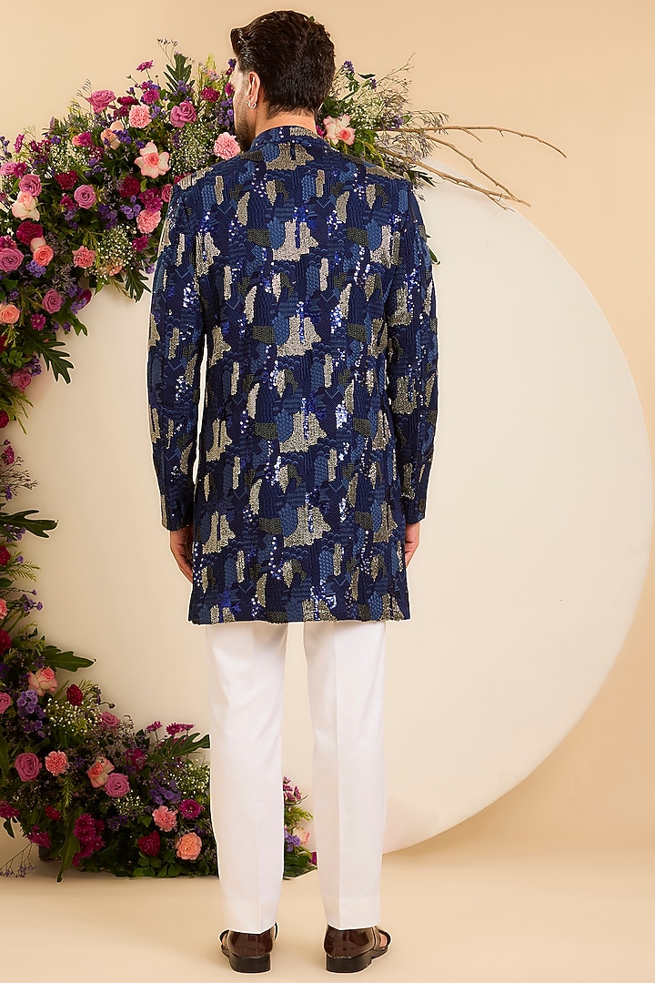 Deep Blue Silk Hand Embroidered Short Wedding Sherwani by Kasbah Clothing at Pernia's Pop Up Shop